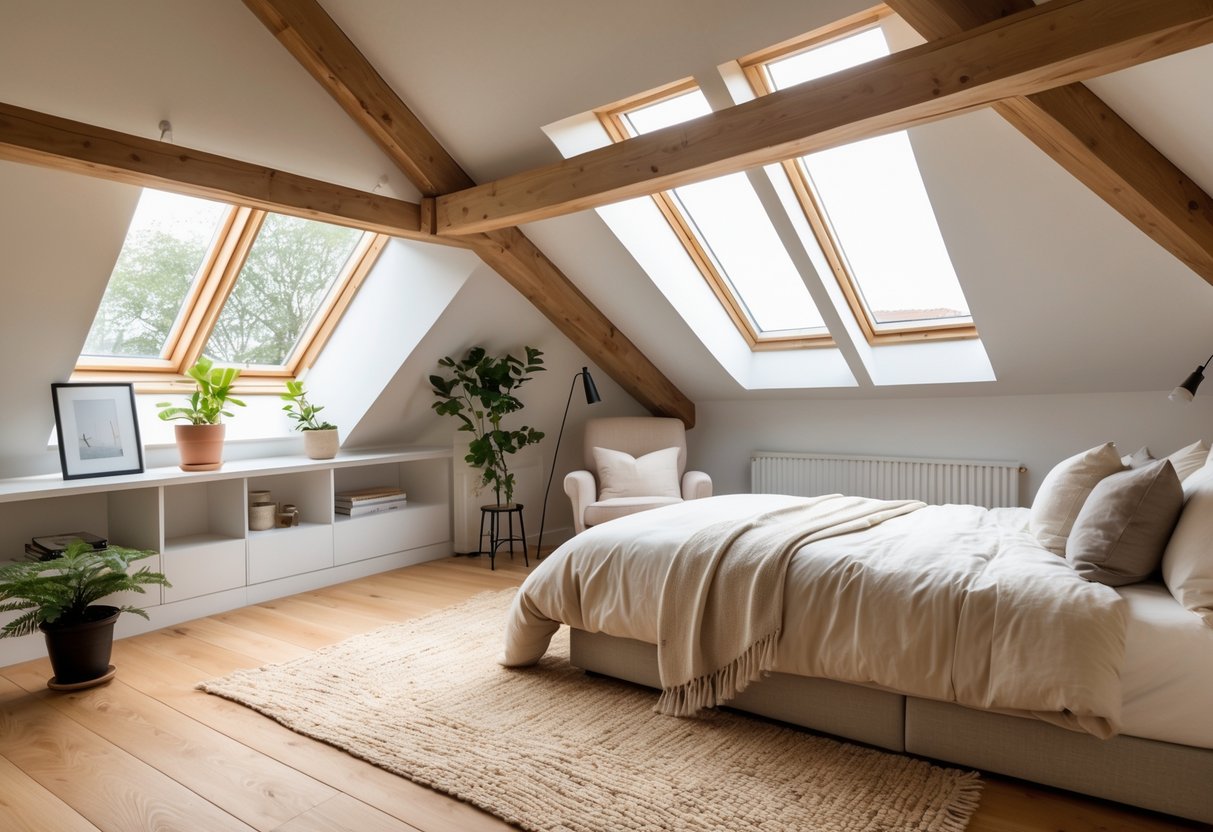 A cozy attic bedroom with a sloped ceiling, skylights, a bed, built-in storage, and a reading nook.