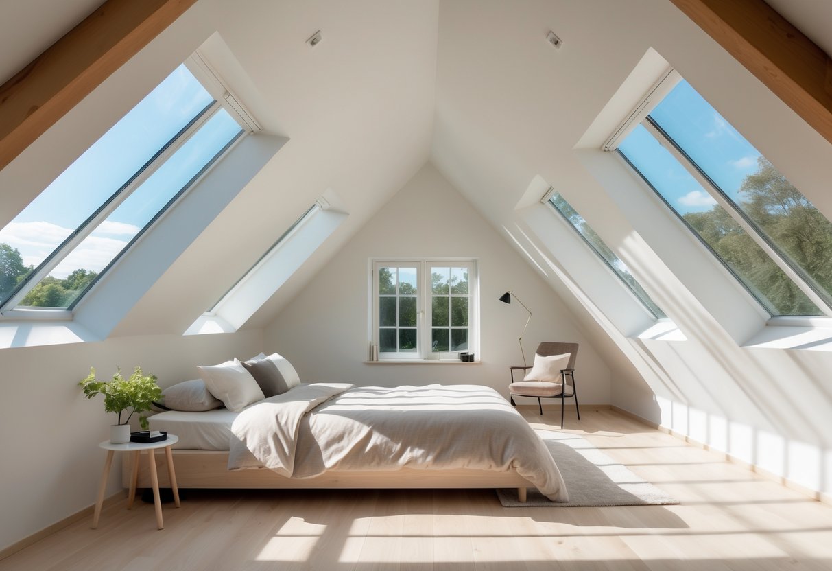 An attic bedroom with large windows and a skylight letting in natural light, featuring a bed, wooden floors, and exposed beams.