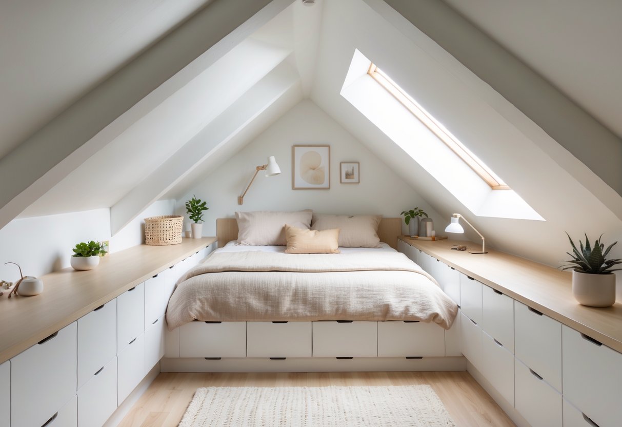 A cozy attic bedroom with built-in storage cabinets and drawers under sloped ceilings, featuring a bed and natural light from a skylight window.