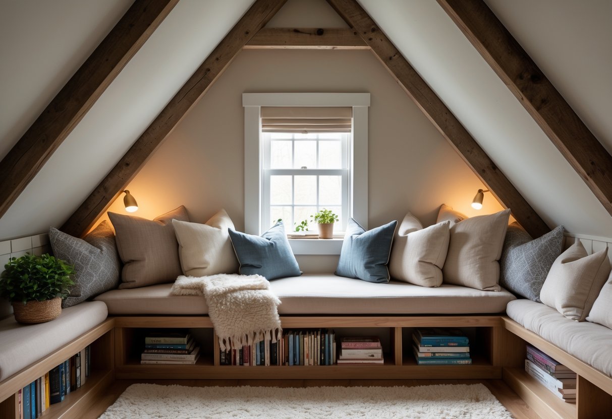 A cozy attic bedroom reading nook with cushions on a built-in bench by a window and low shelves filled with books.