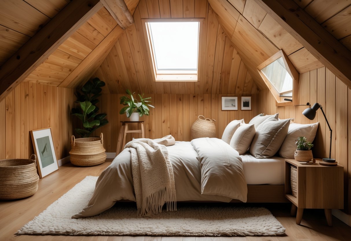 A cozy attic bedroom with wood-paneled walls, a bed, nightstand, and natural light from a skylight window.