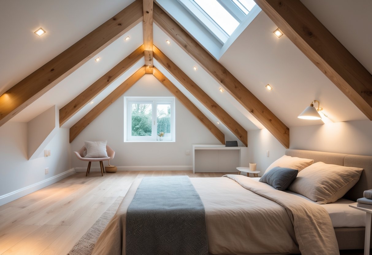 An attic bedroom with recessed ceiling lights, a bed, wooden beams, and a skylight window.