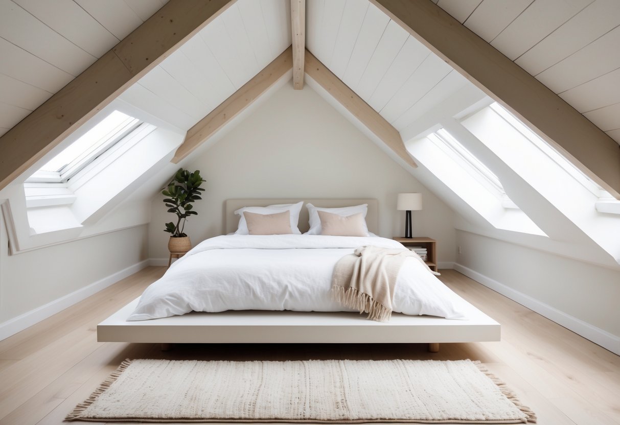 A bright attic bedroom with sloped ceilings, a bed with white linens, wooden beams, skylights, and neutral-colored decor.