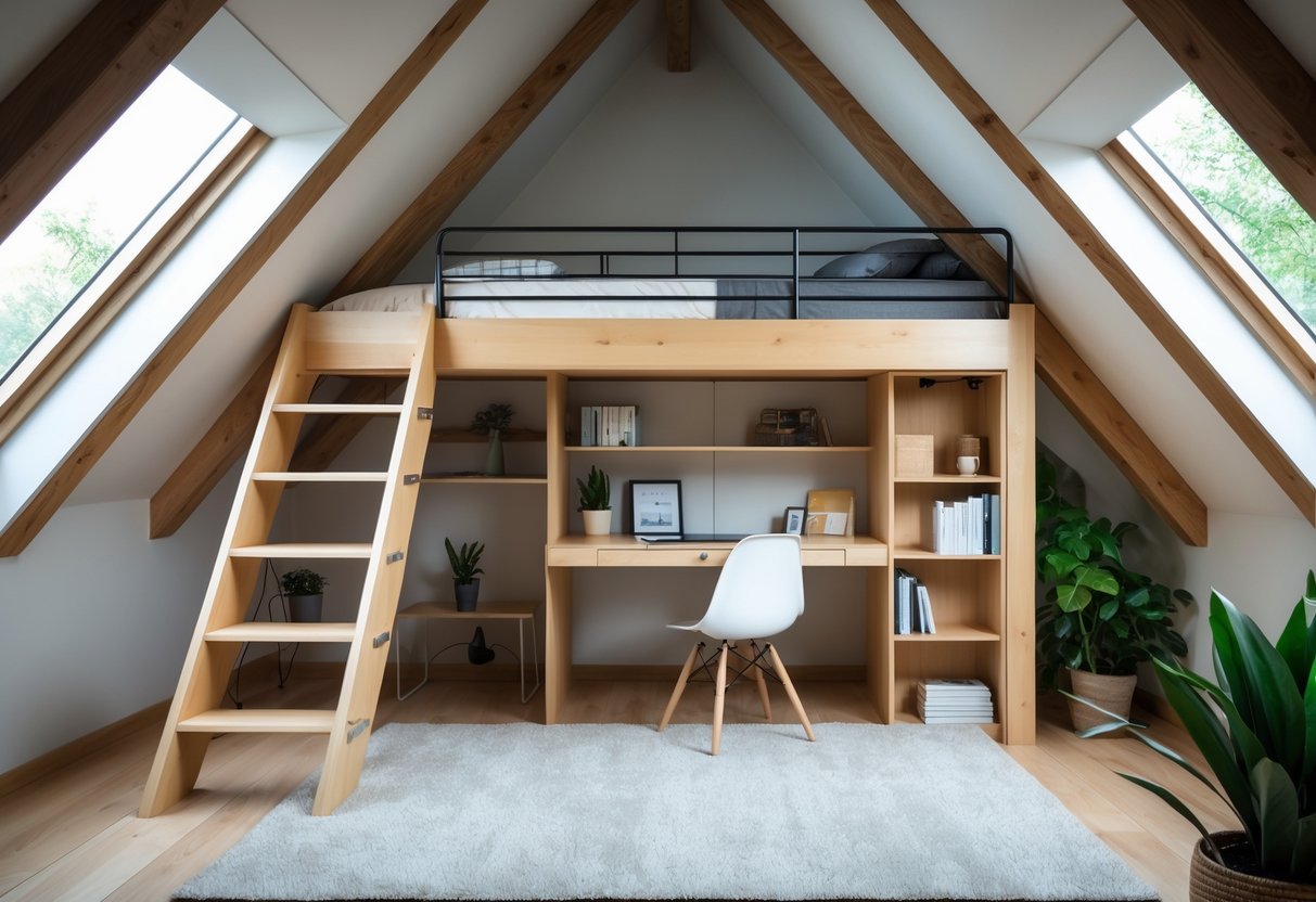 Attic bedroom with a loft bed, desk underneath, sloped ceiling, wooden beams, and natural light coming through windows.