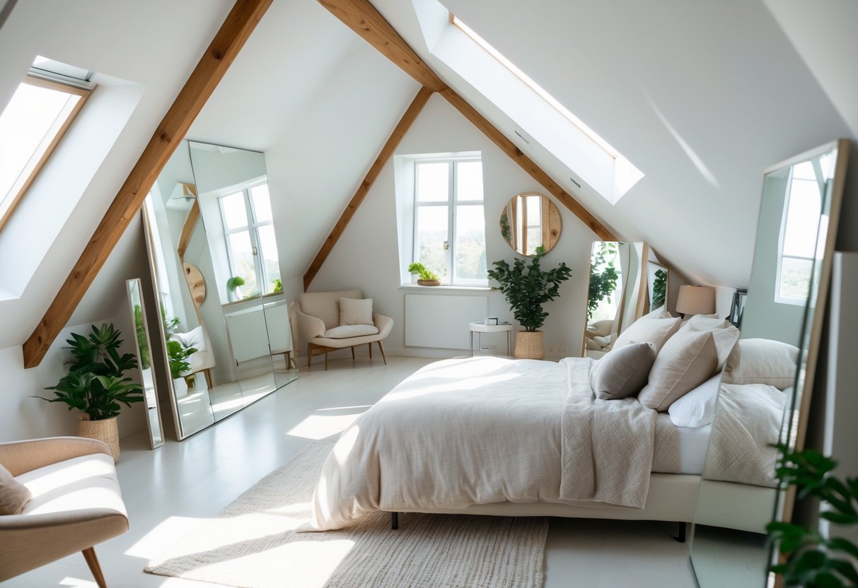 An attic bedroom with sloped ceiling and wooden beams, featuring mirrors that reflect sunlight to make the room feel larger and brighter.