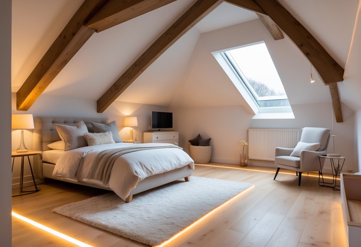 A cozy attic bedroom with a sloped ceiling, wooden beams, a skylight, and a warm hardwood floor suggesting underfloor heating.