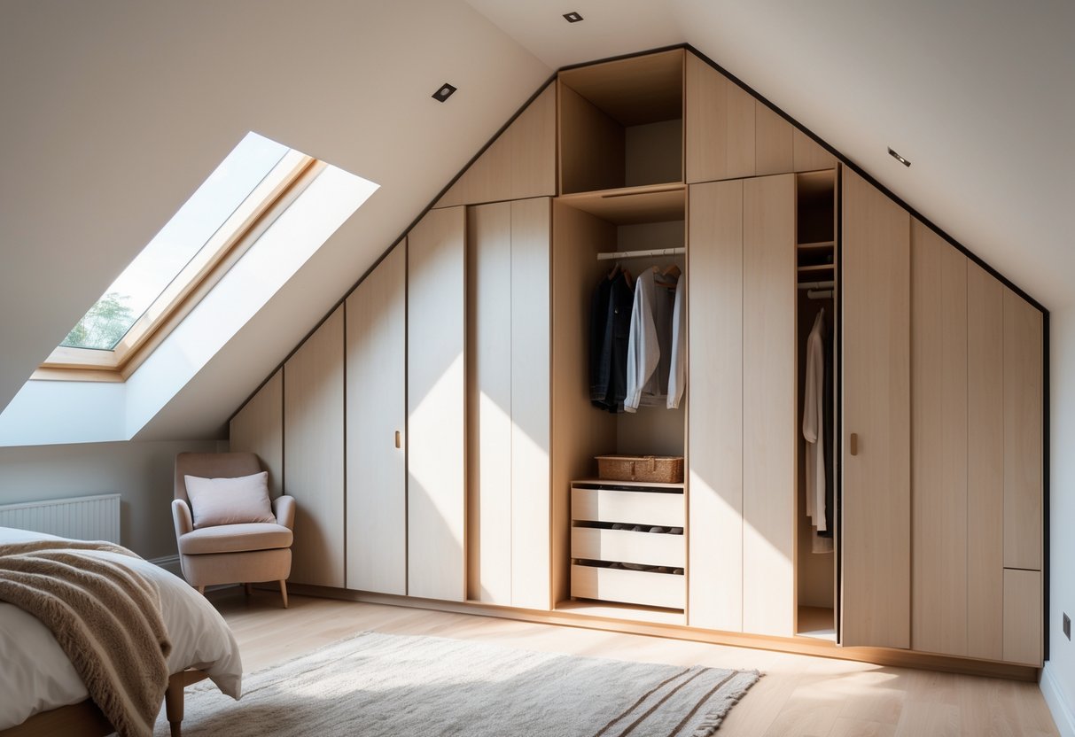 Attic bedroom with angled walls featuring a custom-built wardrobe integrated under the sloped ceiling, with open doors showing organized clothing storage.