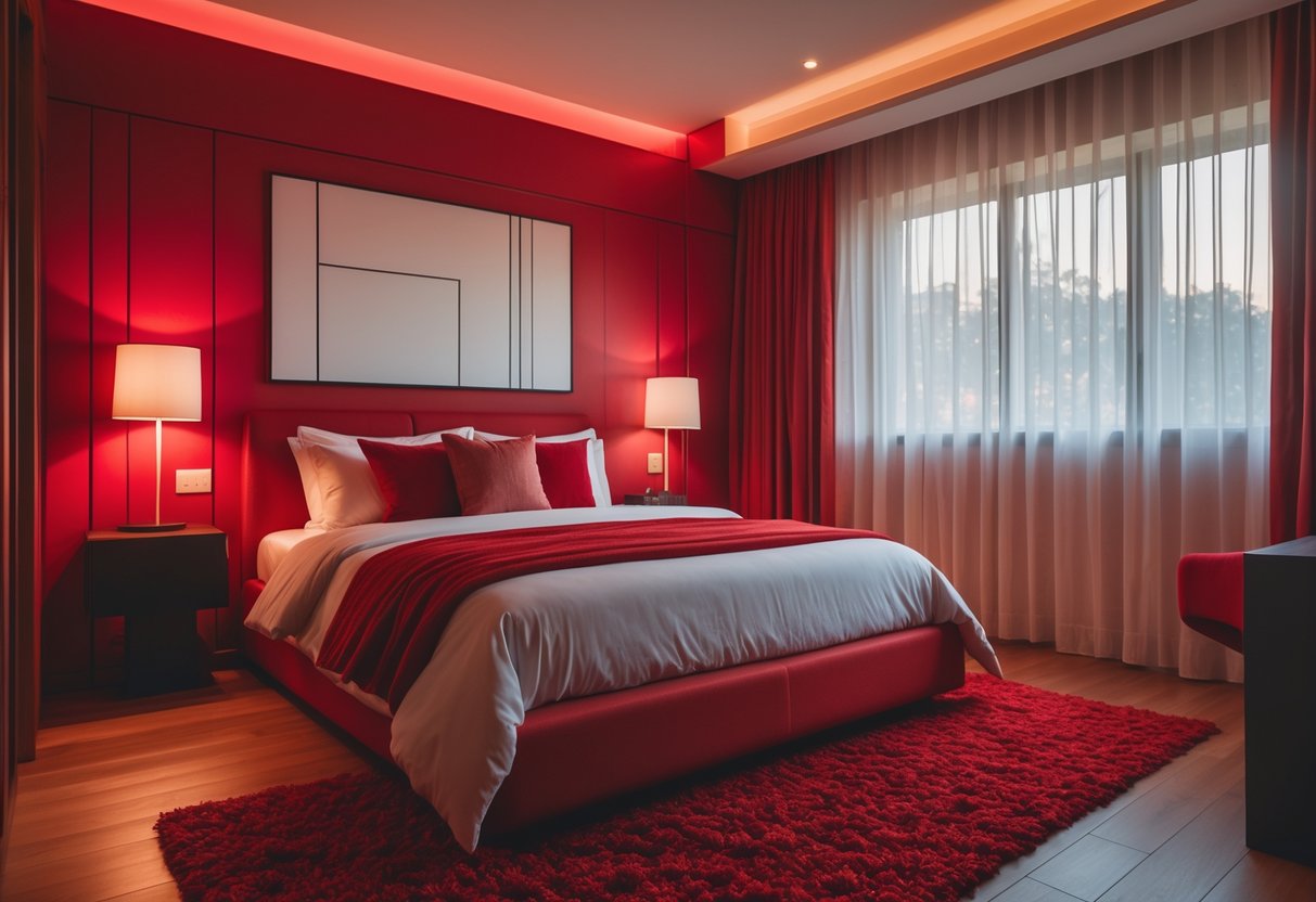 A bedroom with a large bed covered in red bedding, red walls, a bedside table with a lamp, wooden floor, and a window with sheer curtains letting in natural light.