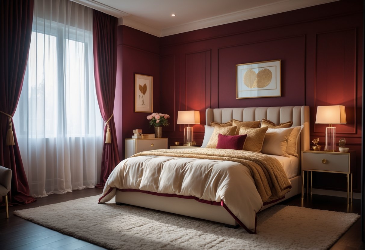 A bedroom with deep burgundy walls, a neatly made bed, bedside tables with lamps, and soft natural lighting.