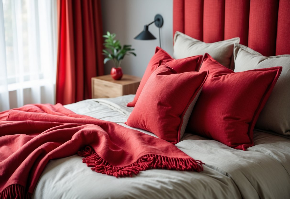 A bedroom with a bed adorned with bright red pillows and throws, a wooden nightstand with a plant and lamp, and natural light coming through curtains.