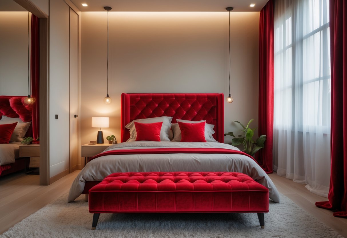 A bedroom with a red velvet upholstered bed frame surrounded by red bedding and decorative accents.