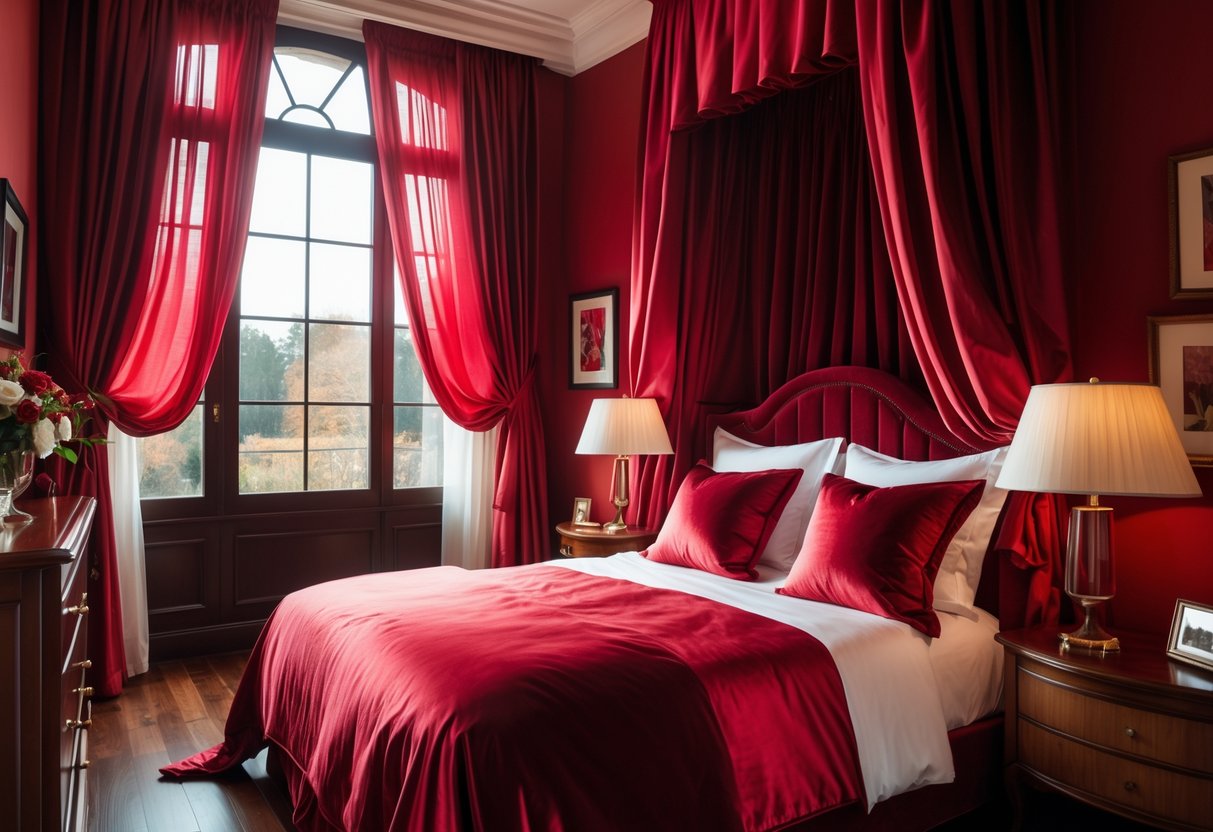 A bedroom with crimson silk curtains hanging by large windows, a neatly made bed with red bedding, and a nightstand with a lamp.