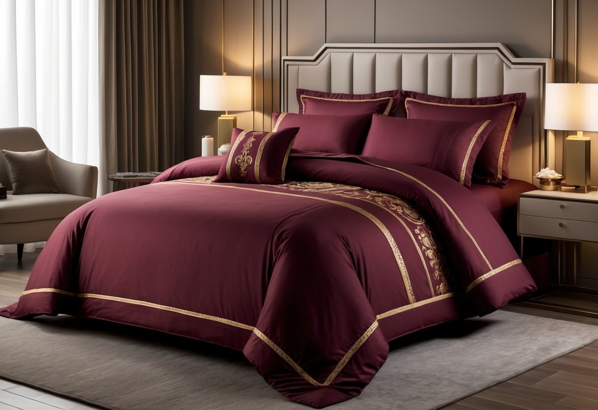 A neatly made bed with burgundy and gold bedding in a warm, inviting bedroom.