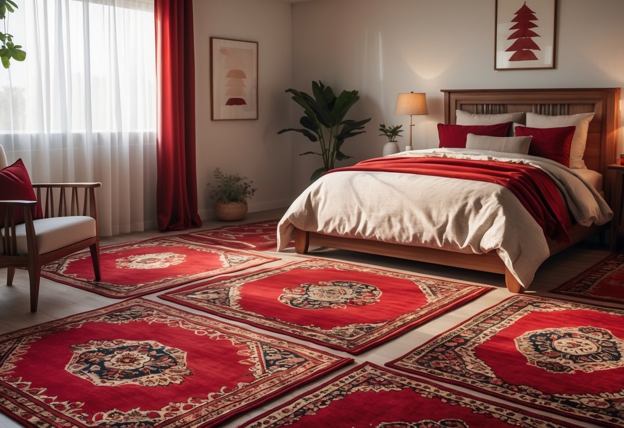 A bedroom with warm red area rugs featuring oriental patterns, a bed with red bedding, wooden furniture, and soft natural light.