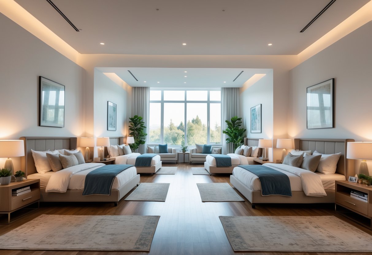 A large bedroom with seven separate beds arranged neatly, each with its own bedside table and lamp, illuminated by natural light from big windows.