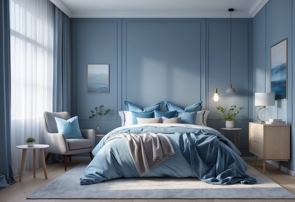 A bedroom with a bed, nightstand, armchair, and window, decorated in blue and gray tones.