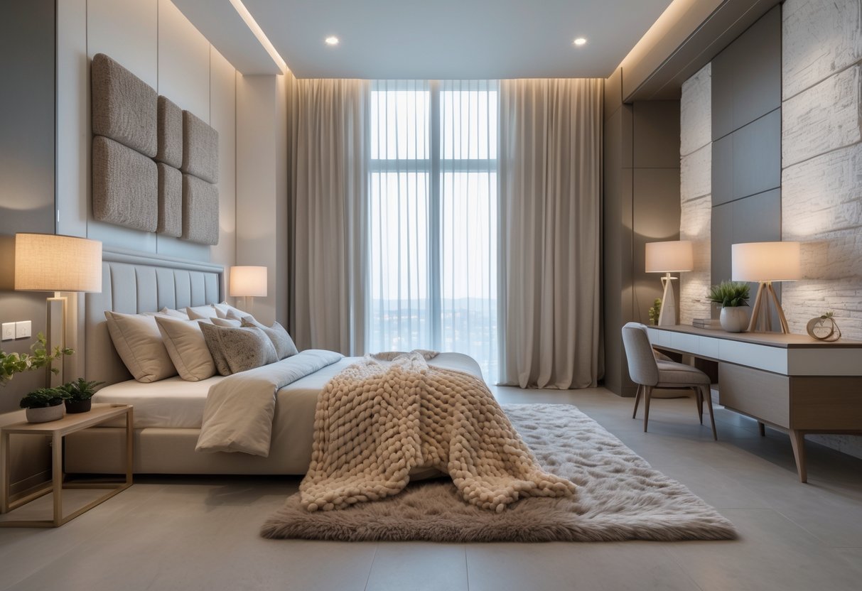 A bedroom with a bed, textured walls, wooden furniture, and natural light coming through windows.