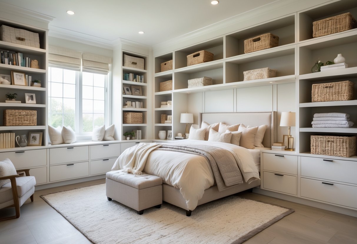 A bedroom with built-in shelving units filled with books, decorative items, and storage baskets, featuring a neatly made bed and natural light from large windows.