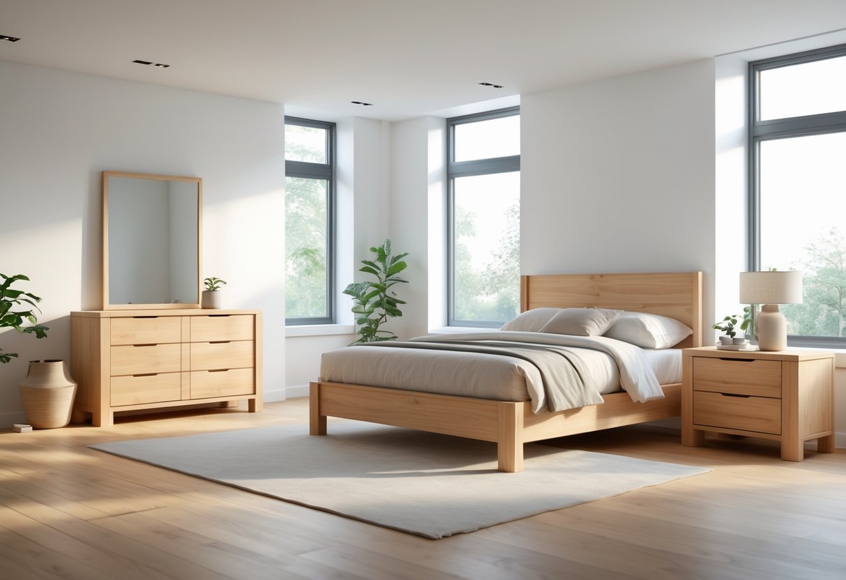 A bedroom with natural wood furniture including a bed, bedside tables, dresser, and chair, illuminated by natural light and decorated with plants.
