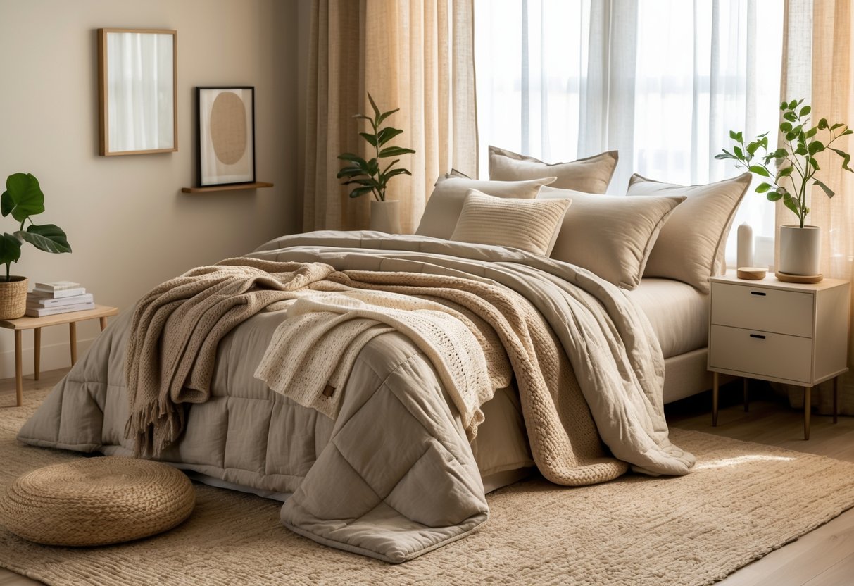A cozy bedroom with a neatly made bed featuring textured blankets and pillows, soft natural light, and simple furniture.