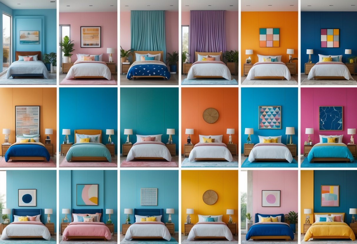 A room displaying ten different bedrooms, each with a unique color scheme and decor.