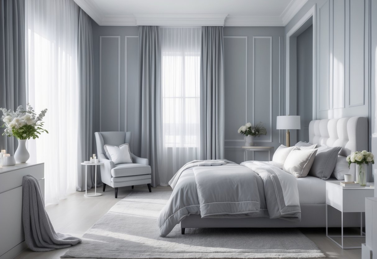 A calm bedroom with soft gray walls, white curtains, a neatly made bed with gray and white bedding, and minimalist furniture bathed in natural light.