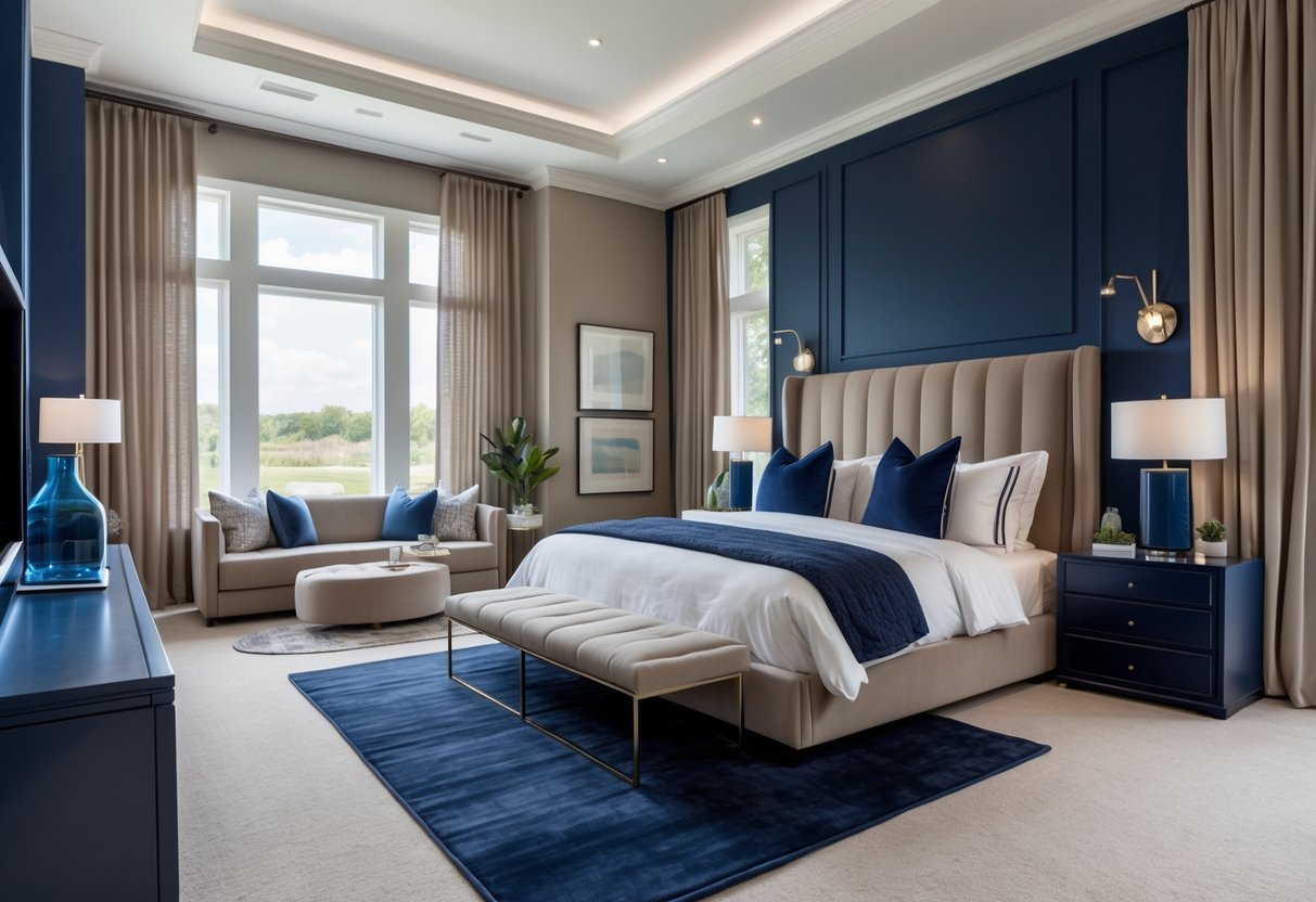 A spacious bedroom with navy blue walls and taupe furniture, including a large bed and curtains, illuminated by natural light from large windows.
