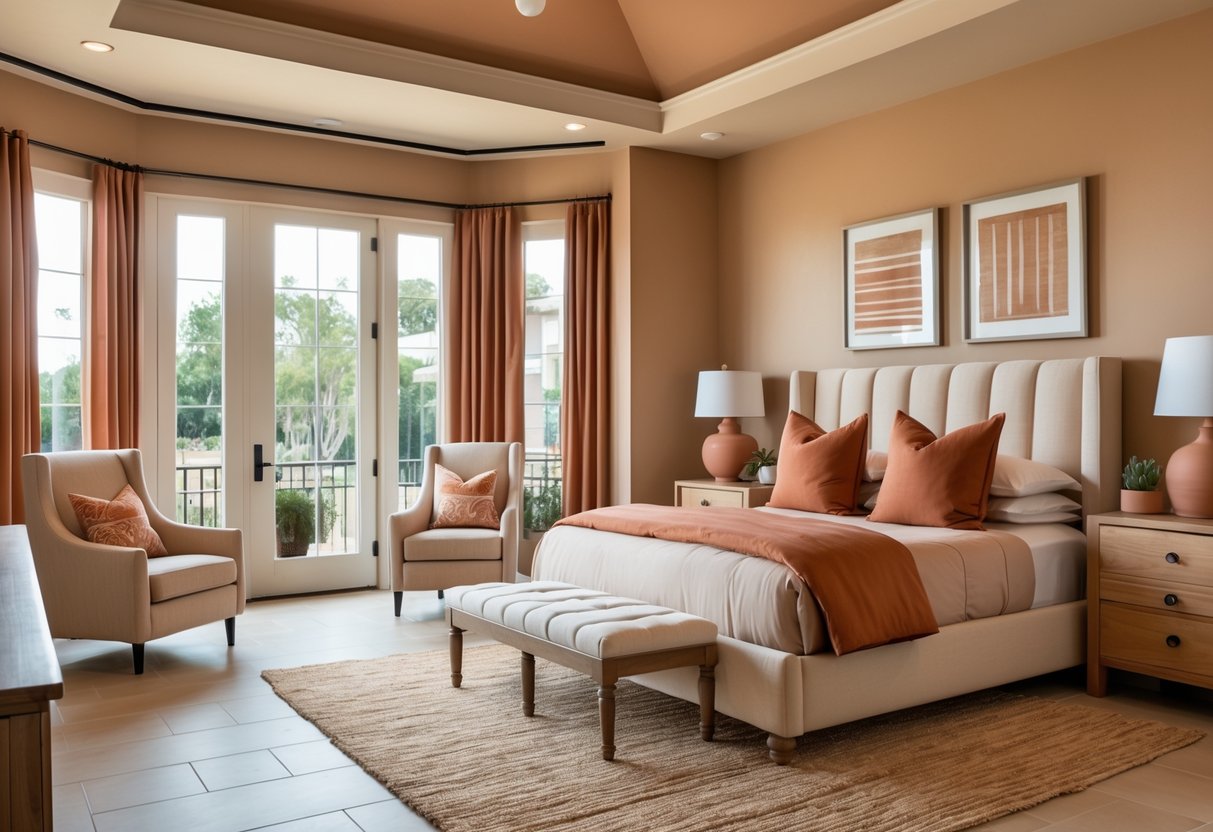 A spacious bedroom with a large bed, beige linens, terracotta accents, wooden furniture, and natural light coming through large windows.