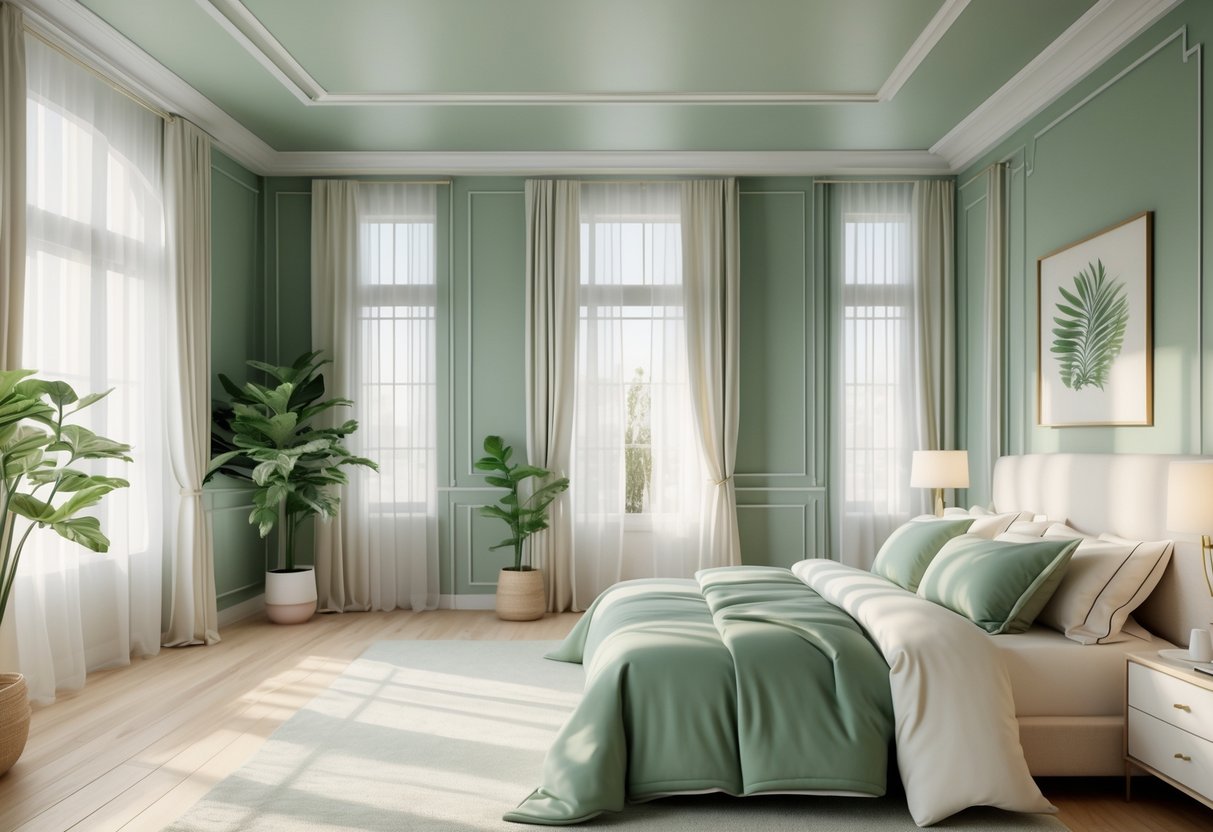 A bright bedroom with sage green walls, off-white furniture, a made bed, large windows, and plants.