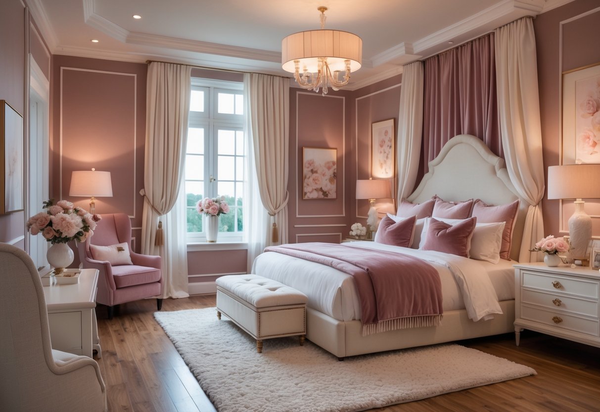 A spacious bedroom with a large bed, soft dusty rose and cream colors, floral decorations, and natural light from a window.