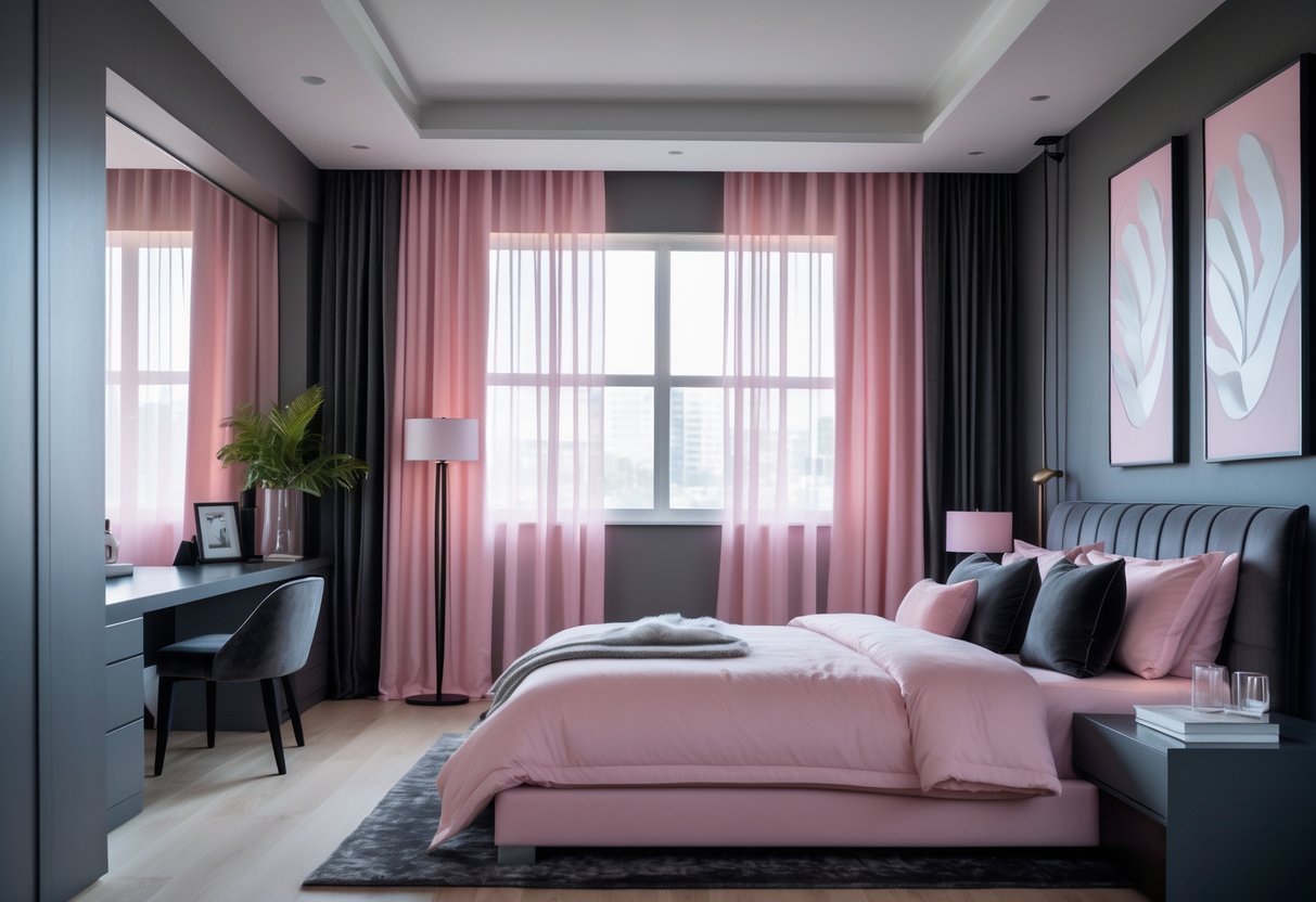 A bedroom with a large bed featuring soft pink bedding and charcoal gray pillows, charcoal walls, soft pink curtains, and minimalist charcoal furniture illuminated by natural light.