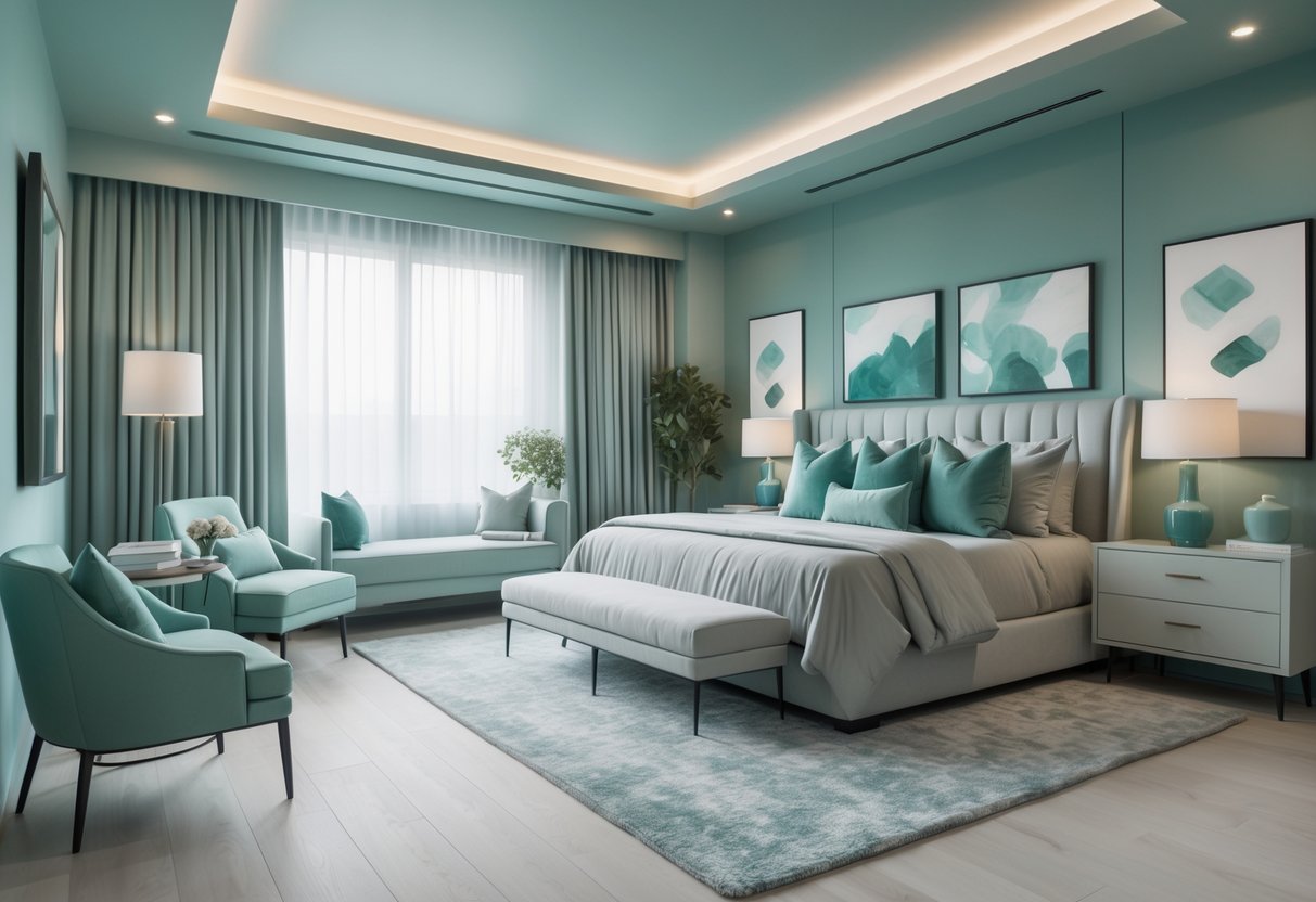 A spacious bedroom with muted teal walls and light gray furniture, including a large bed with matching pillows and curtains, creating a calm and inviting atmosphere.