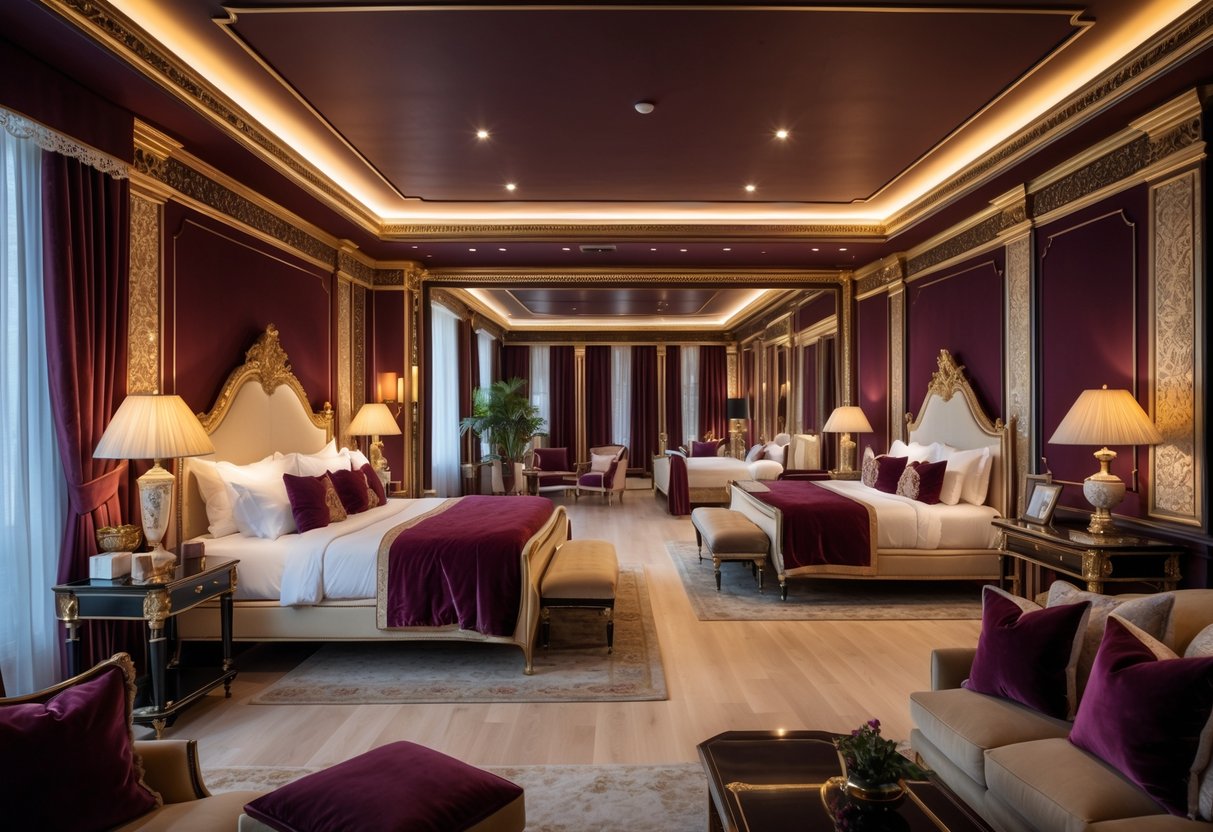 A spacious interior with ten bedrooms featuring deep burgundy walls and gold accents on furniture and decor.