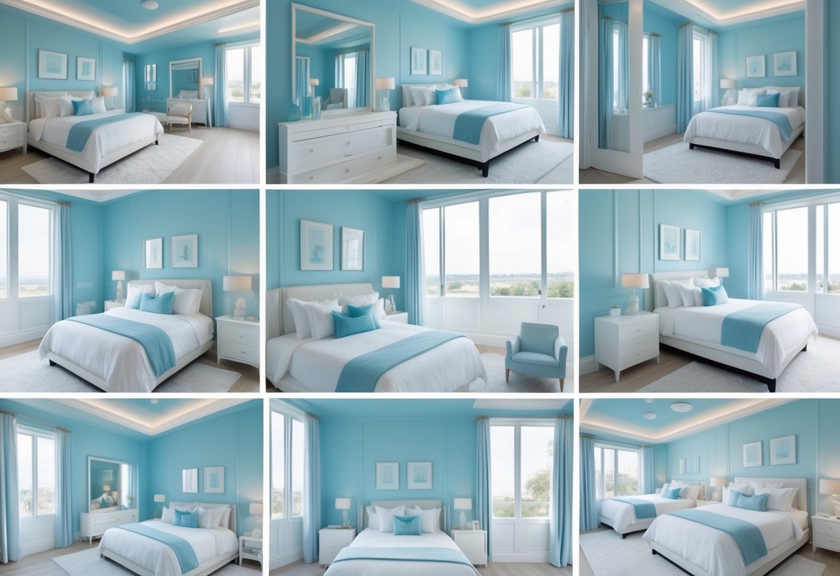 A bright and spacious interior with multiple bedrooms featuring pale blue walls and white furniture, illuminated by natural light.