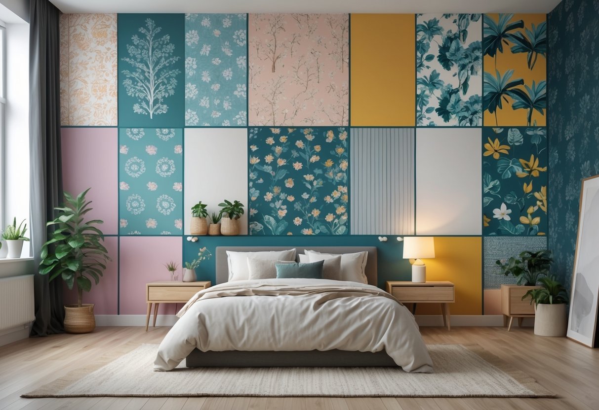 A bedroom with ten different wallpaper designs on the walls, a bed, nightstand, and natural light from large windows.