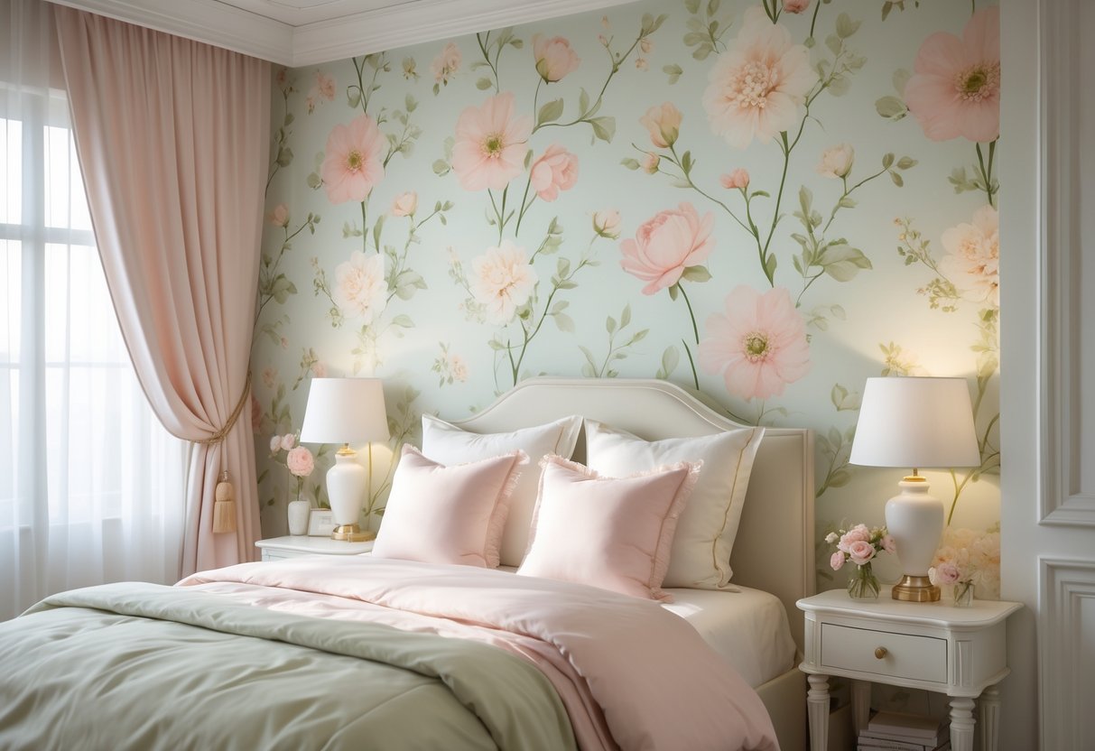 A bedroom with floral wallpaper, a made bed with pillows and a duvet, soft natural light, and bedside tables with lamps.