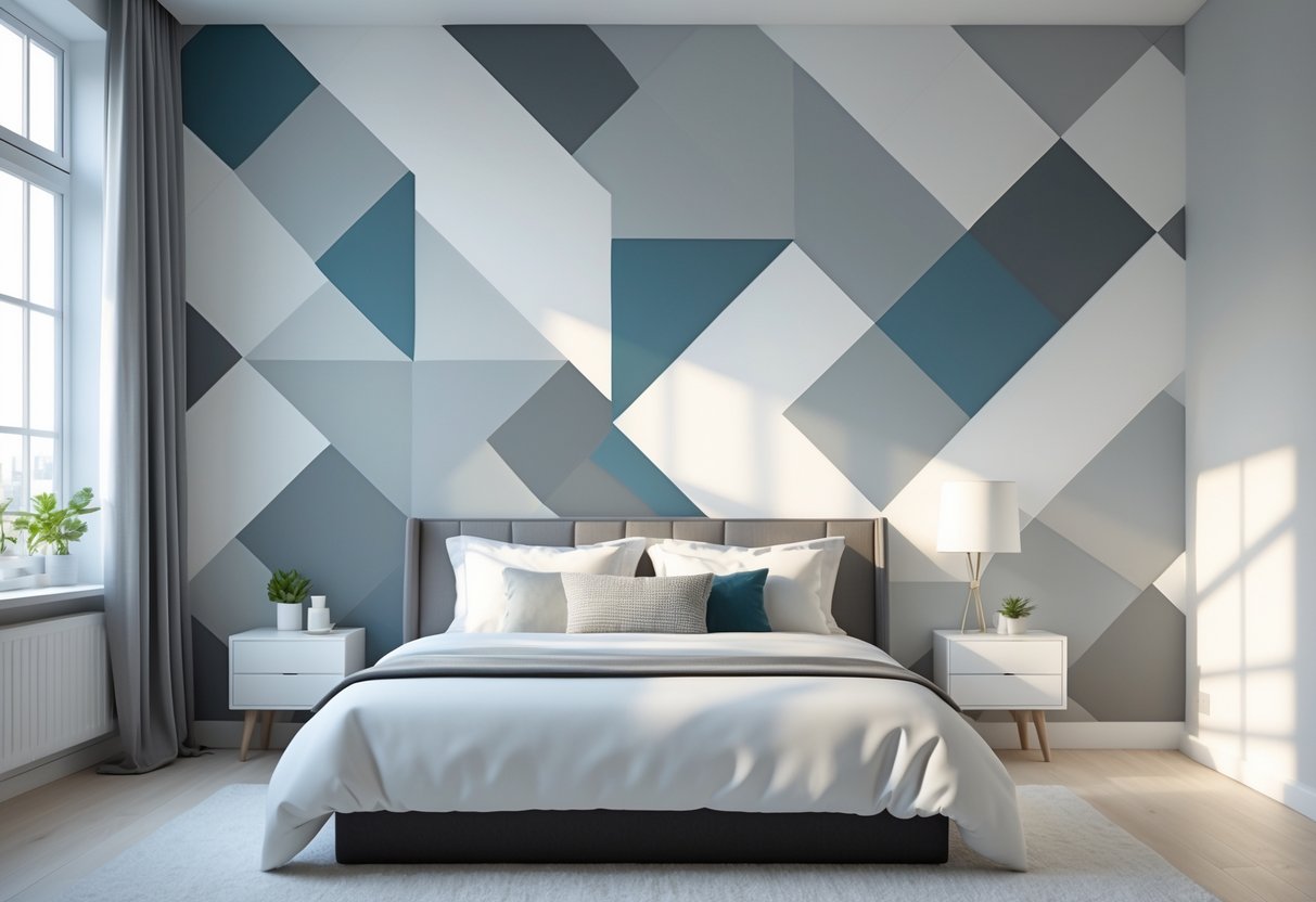 A bedroom with a bed and a geometric patterned accent wall behind it, illuminated by natural light from a window.