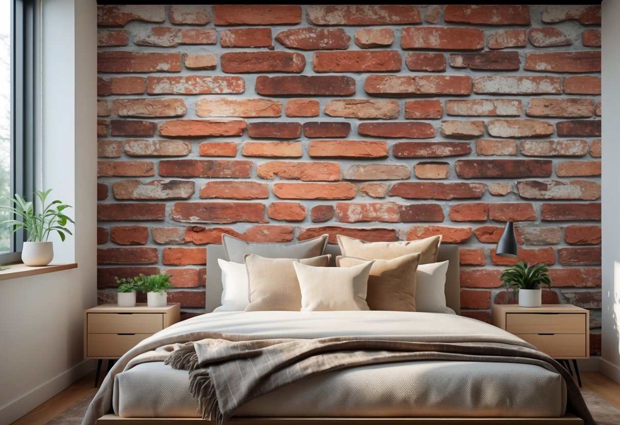 A bedroom with a brick accent wall, a neatly made bed, a nightstand with a plant and lamp, and natural light coming through a window.