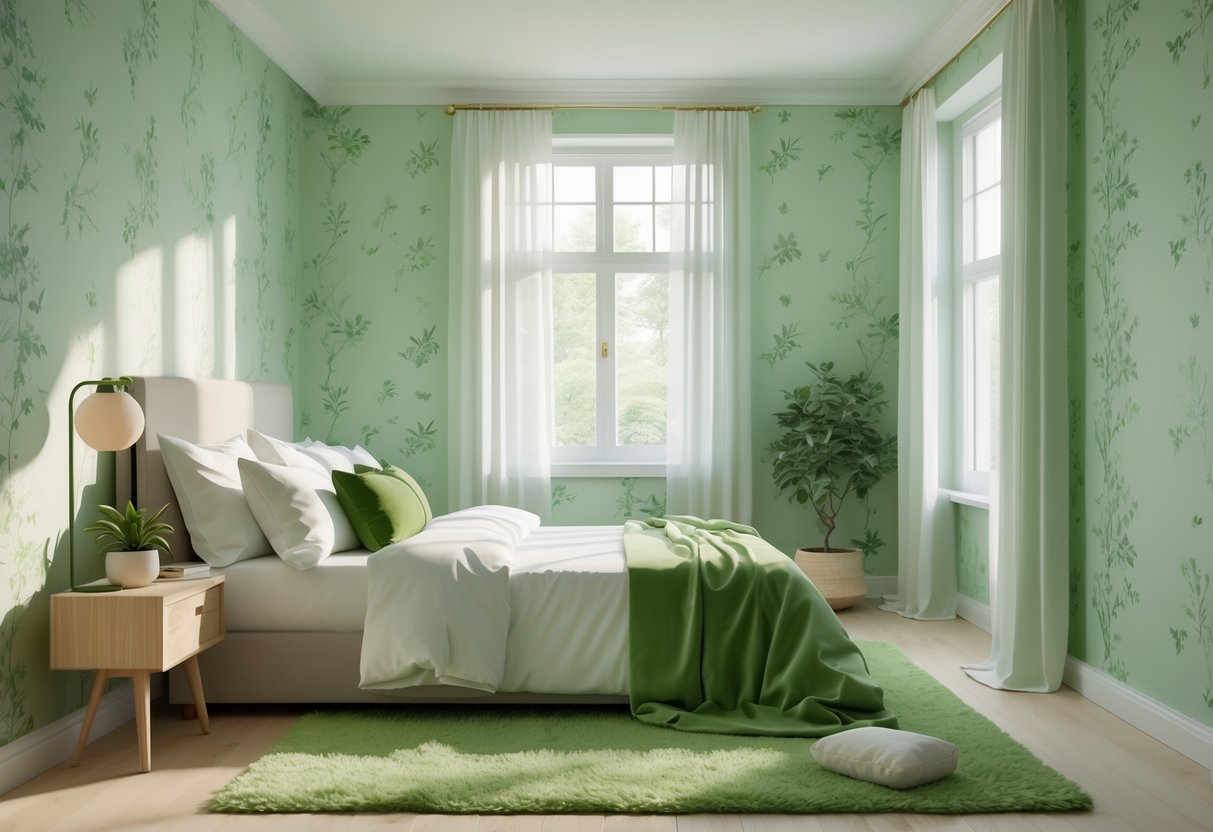 A bedroom with green botanical wallpaper, a bed with white and green bedding, a wooden nightstand with a plant, and natural light coming through windows.
