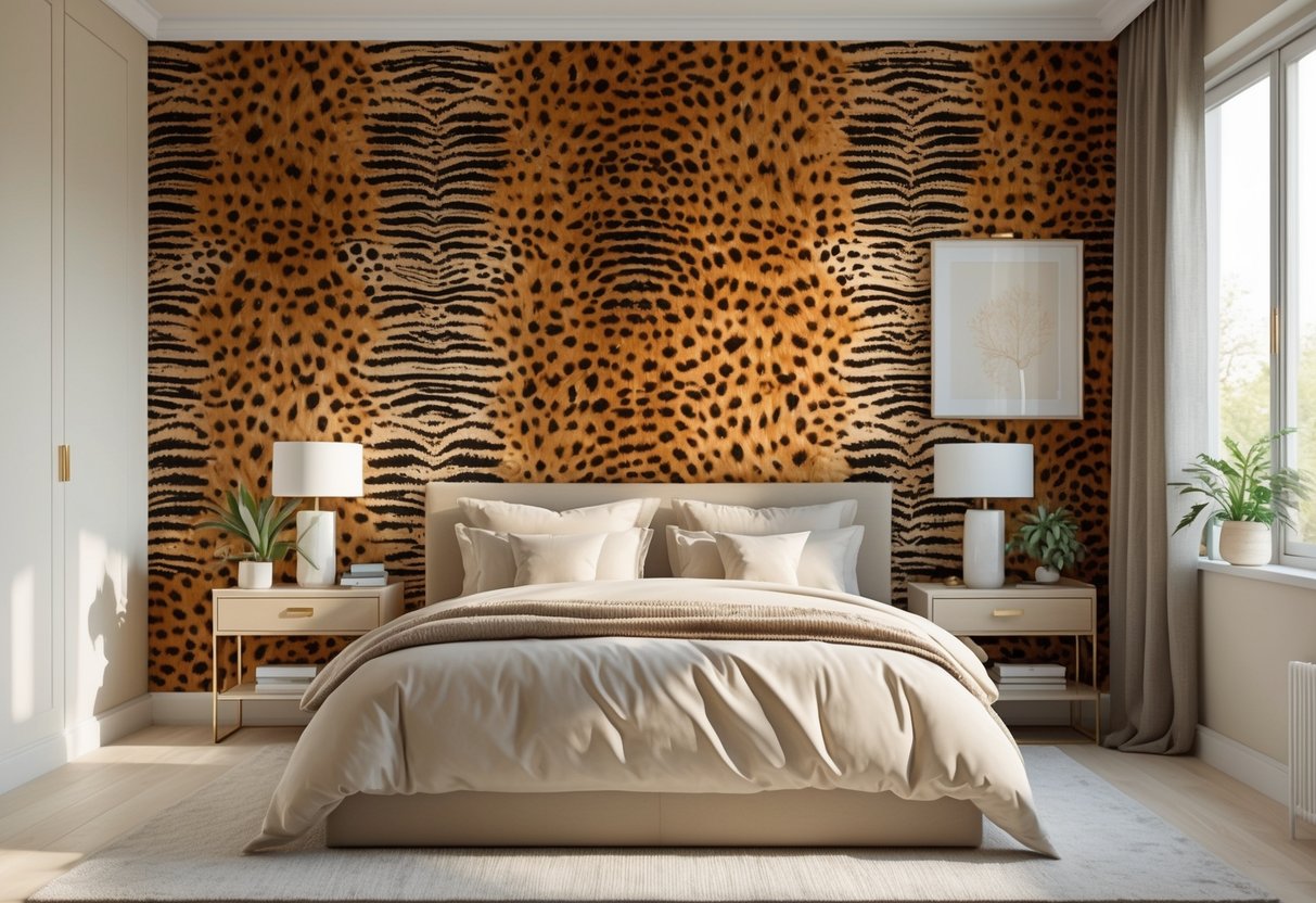 A bedroom with a bold animal print wallpaper on one wall, a neatly made bed, bedside tables with lamps, and natural light coming through a window.