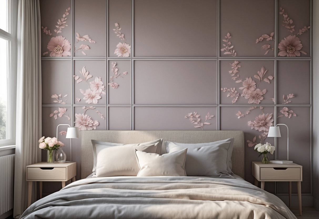 A bedroom with muted pink and mauve floral wallpaper panels, a neatly made bed, and soft natural lighting.