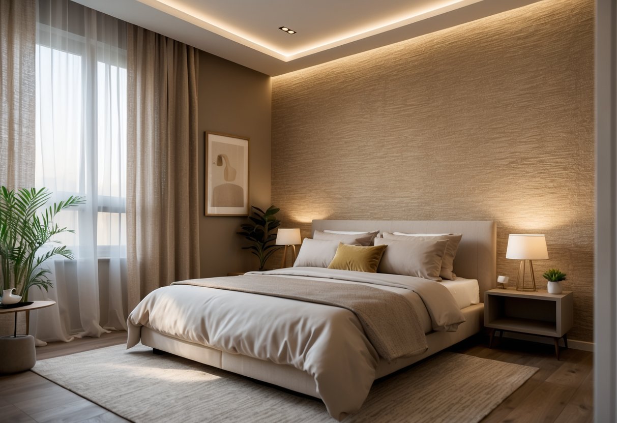 A bedroom with a bed against a textured wallpapered wall, soft lighting, and simple furniture.