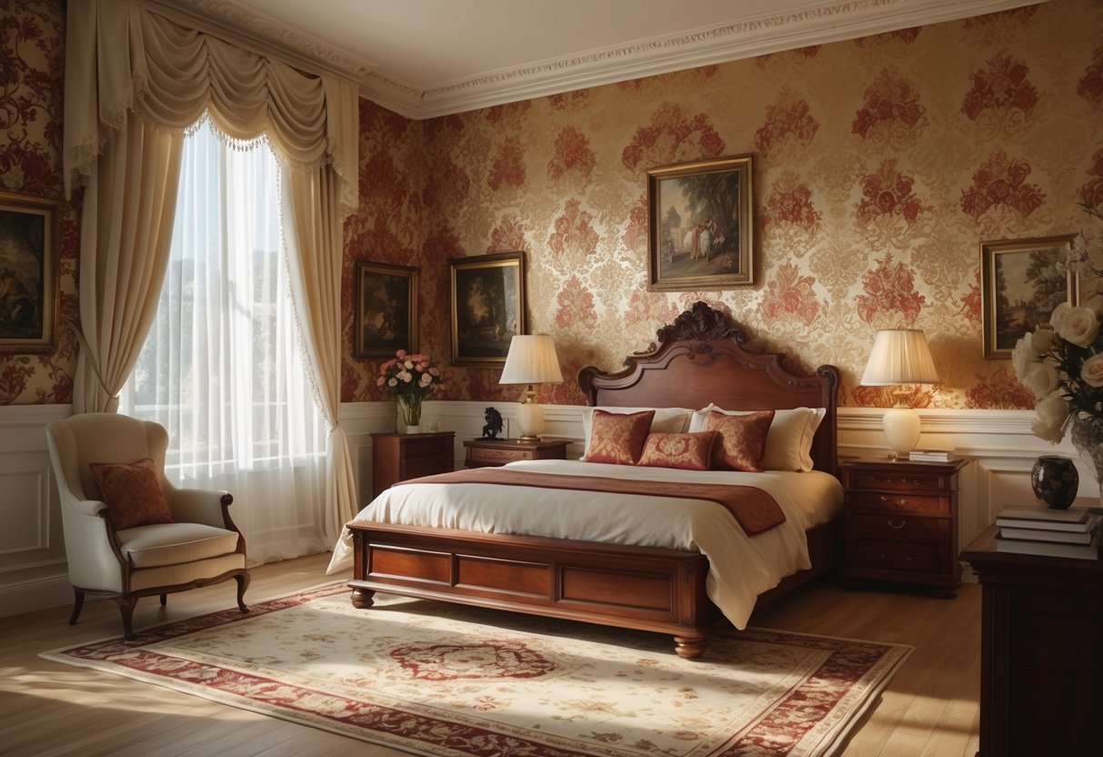 A bedroom with ten walls covered in patterned wallpaper, featuring a bed, wooden furniture, and soft natural lighting.