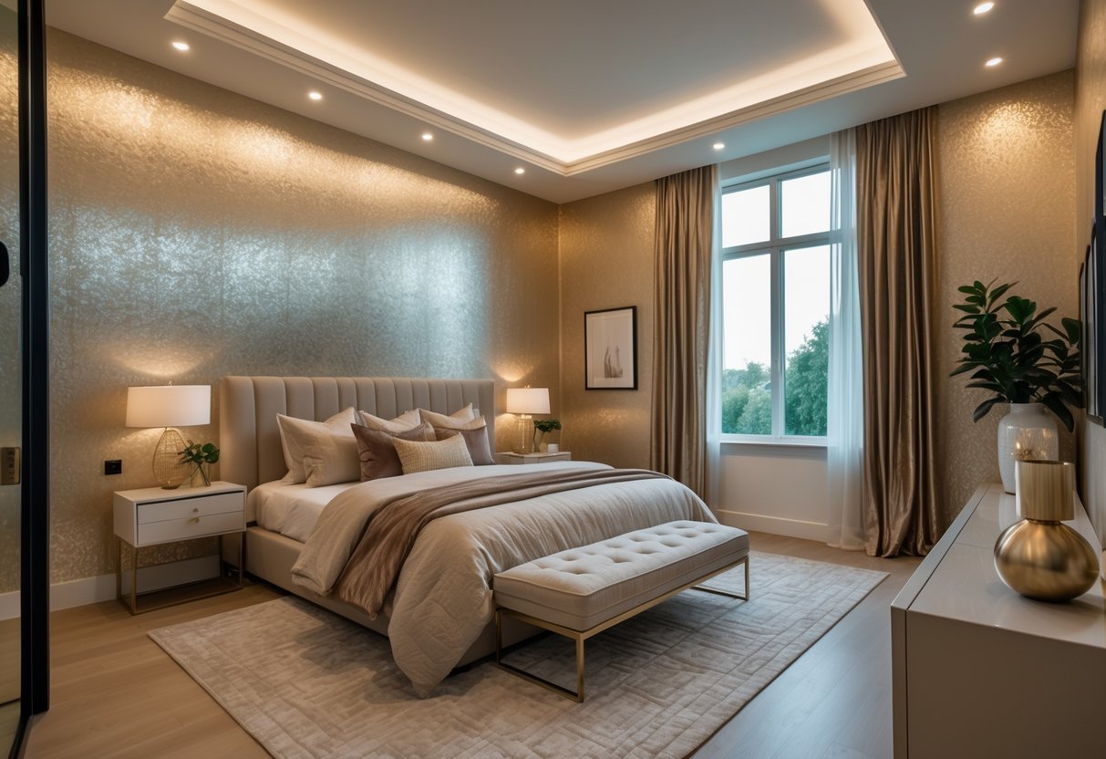 A spacious bedroom with ten walls covered in metallic wallpaper, featuring a king-sized bed, bedside tables, lamps, and decorative plants.
