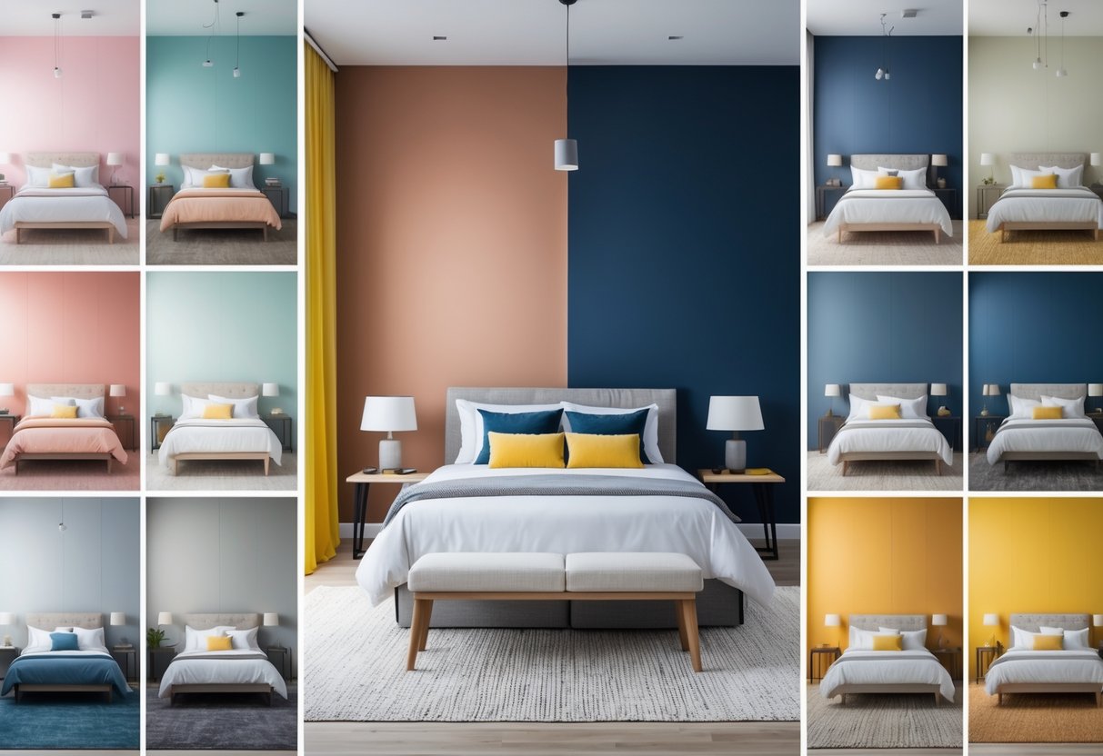 A bedroom divided into ten sections, each showing a different wall color with a bed and furniture.