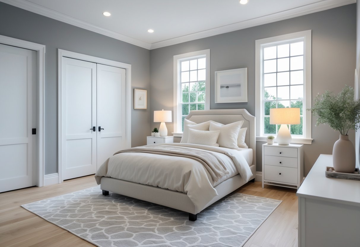 A bedroom with soft gray walls and white trim, a bed with light bedding, bedside tables with lamps, a window letting in natural light, and a plant on a dresser.