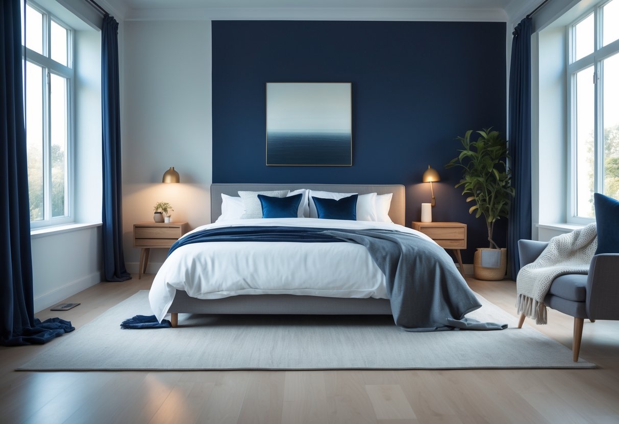 A bedroom with a deep navy blue accent wall, white bed linens, wooden nightstands, a cozy armchair, and natural light coming through large windows.