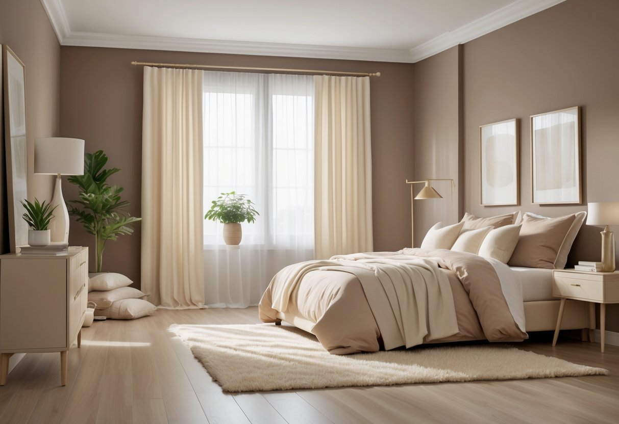 A bedroom with taupe walls, cream bedding, wooden furniture, and natural light coming through large windows.