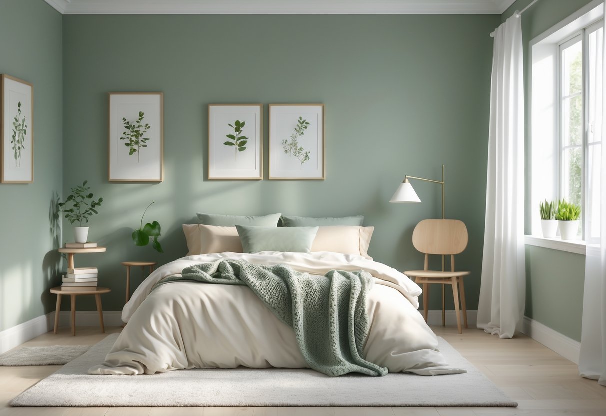 A bedroom with muted sage green walls, a bed with white and beige linens, natural light from windows, and simple wooden furniture.