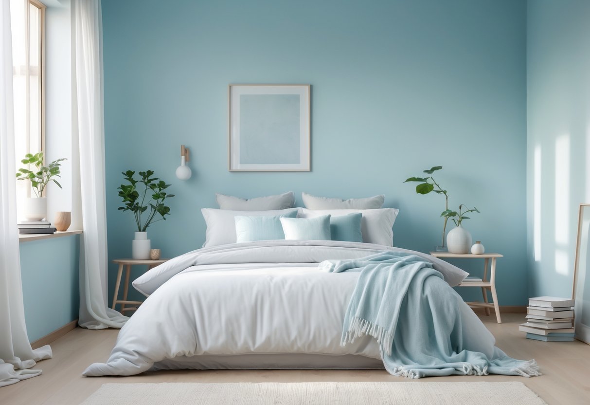 A calm bedroom with powder blue walls, a neatly made bed with blue and white bedding, natural light from windows, wooden furniture, and simple decorative items.
